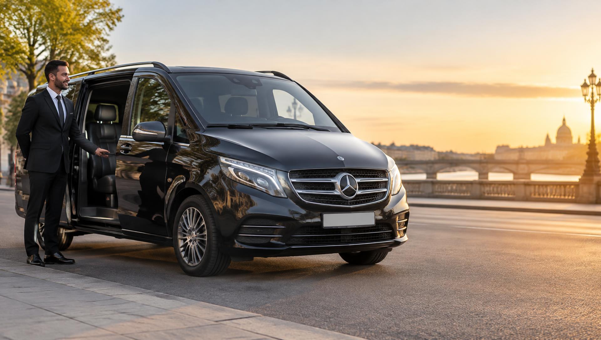 Profesionální řidič otevírá dveře černého Mercedesu Vito připraveného k odjezdu