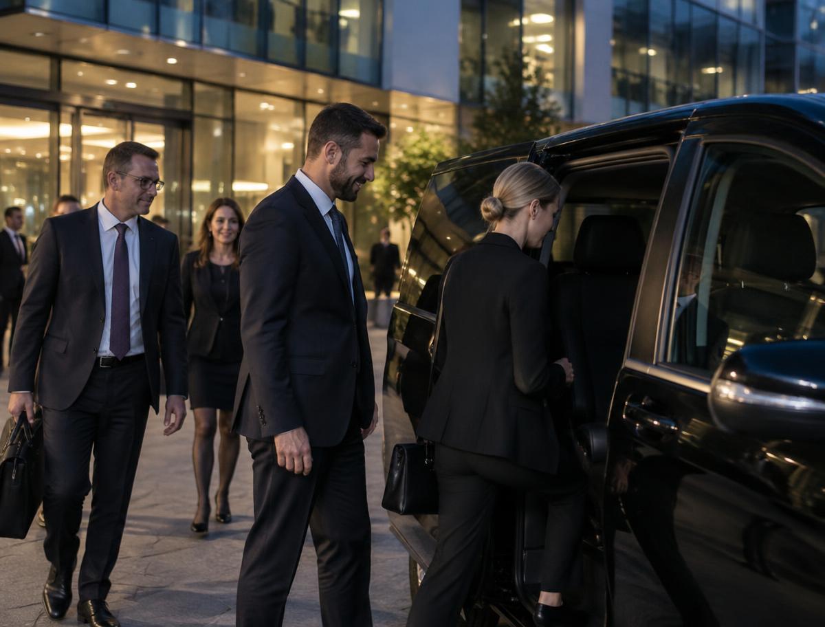 Kolegové v oblecích nastupují večer do služebního minivanu