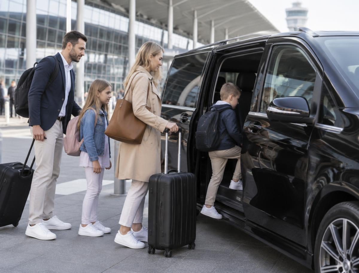Rodina se zavazadly nastupuje do černého minivanu před terminálem letiště
