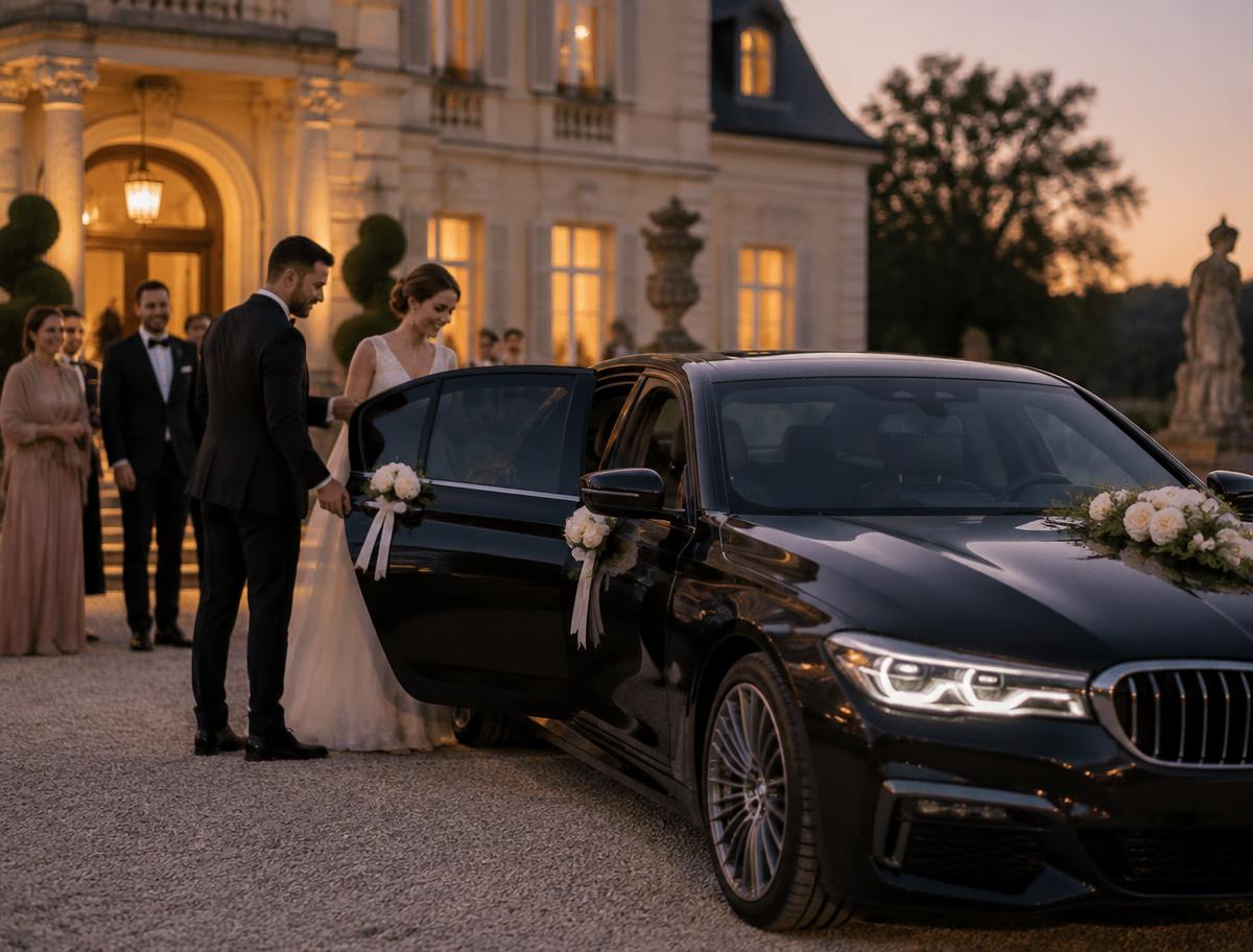 Svatební hosté nastupují do elegantního černého vozu před zámkem
